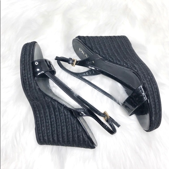 Prada Patient Leather Espadrille Wedges Sandals - Picture 2 of 9